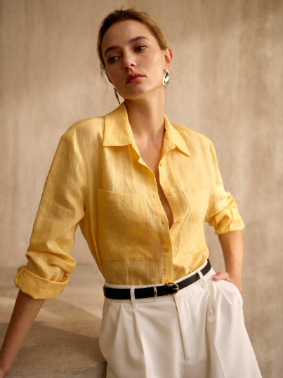 Chemise en Lin Jaune – Boutonnage Frontal & Poches Poitrine