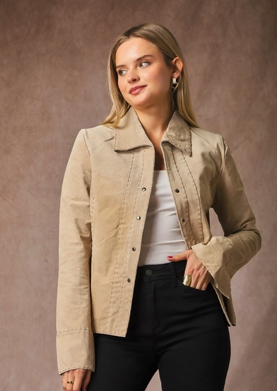 Veste en Cuir Suédine – Col Revers & Manches Fendues