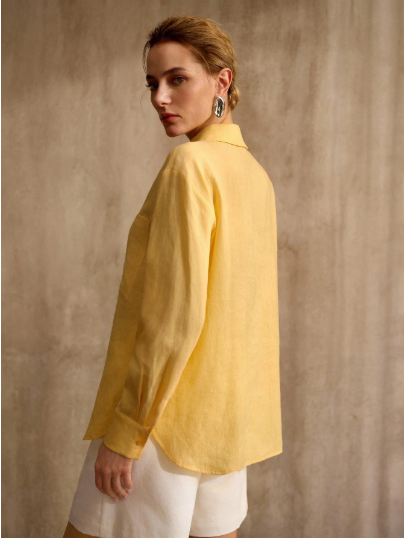 Chemise en Lin Jaune – Boutonnage Frontal & Poches Poitrine