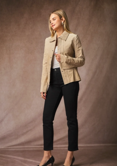 Veste en Cuir Suédine – Col Revers & Manches Fendues