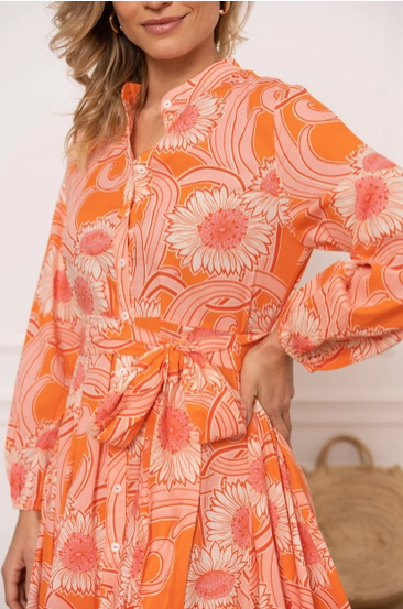 Robe imprimée coton ceinturée – Orange