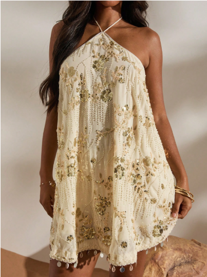 Robe Brodée Bohème – Crème & Perlée