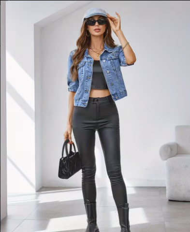 Veste en Denim Bleu à Manches Courtes