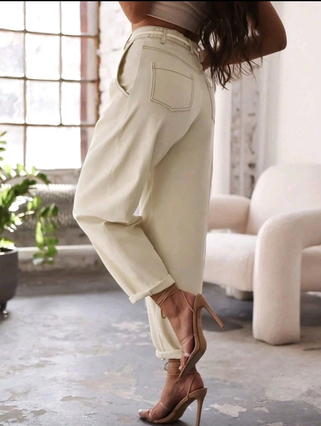 Pantalon Fuselé Crème à Pinces