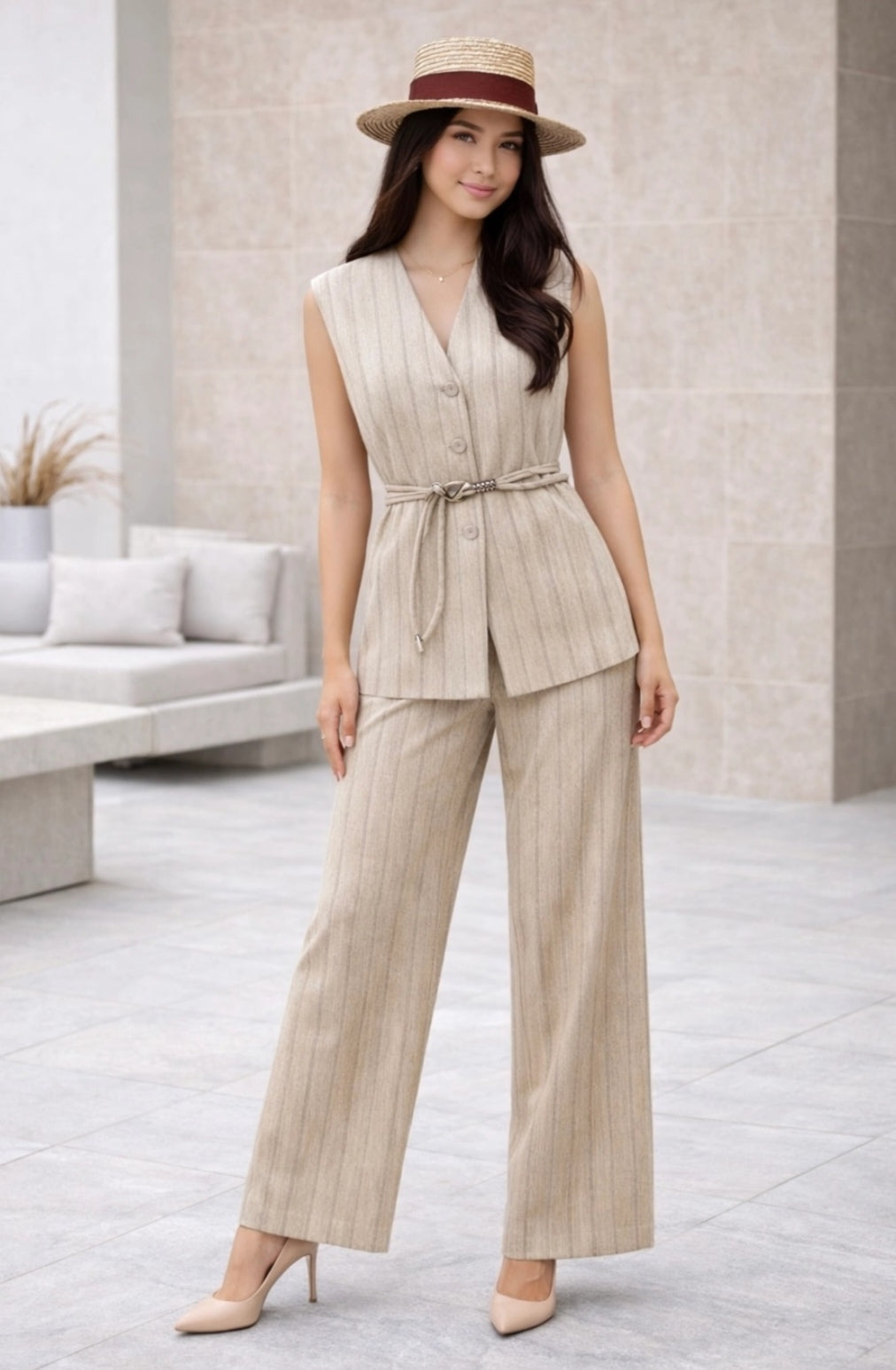 Ensemble Tailleur Rayures – Gilet & Pantalon Large